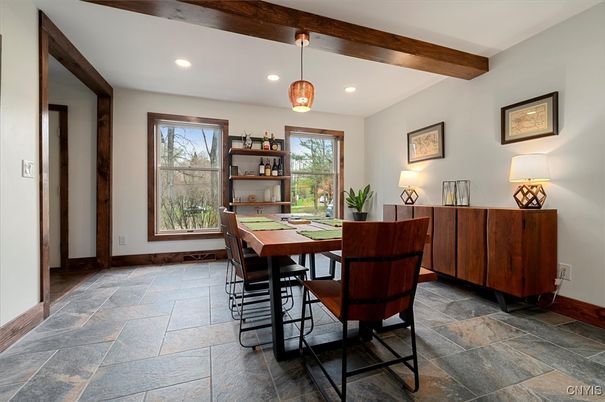 Dining room, Interior, Pendant Lights, Recessed Lighting, Wooden Beams