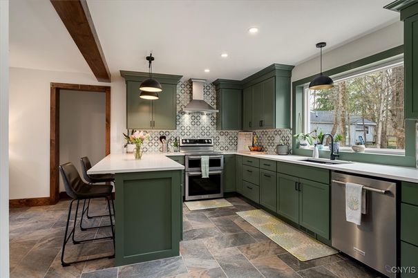 Dining room, Interior, Kitchen, Pendant Lights, Recessed Lighting, Stainless Steel Appliances, Wooden Beams
