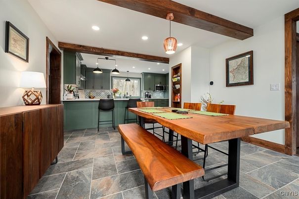 Dining room, Interior, Kitchen, Pendant Lights, Recessed Lighting, Stainless Steel Appliances, Wooden Beams