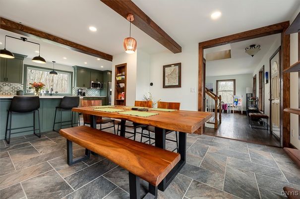 Dining room, Interior, Kitchen, Pendant Lights, Recessed Lighting, Wooden Beams
