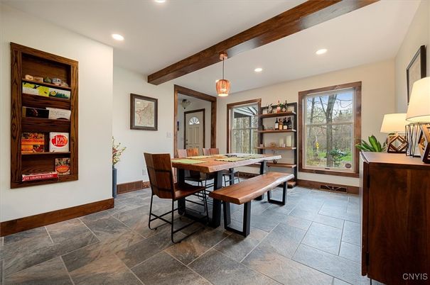 Dining room, Interior, Pendant Lights, Recessed Lighting, Wooden Beams