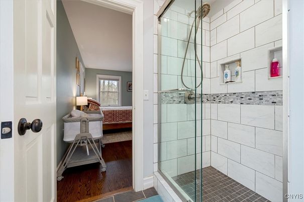 Bathroom, Glass Shower, Interior, Wood Texture Flooring