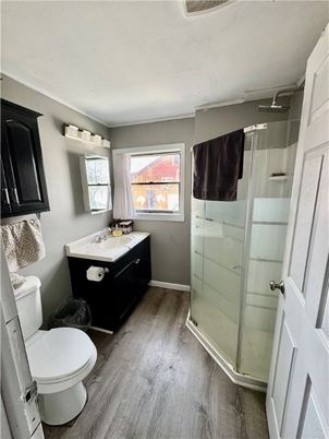 Bathroom, Glass Shower, Interior, Wood Texture Flooring