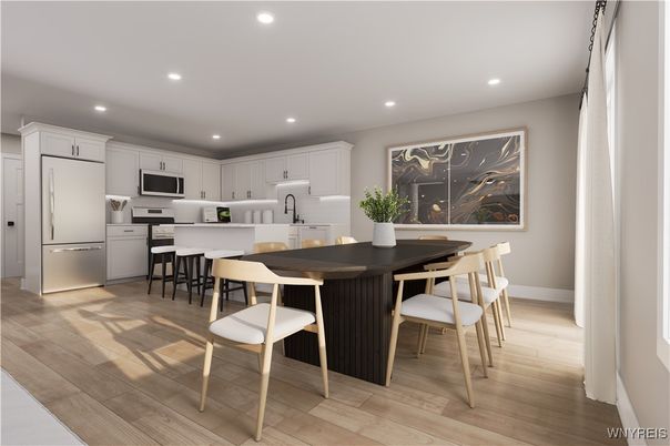 Dining room, Interior, Kitchen, Recessed Lighting, Stainless Steel Appliances, Wood Texture Flooring