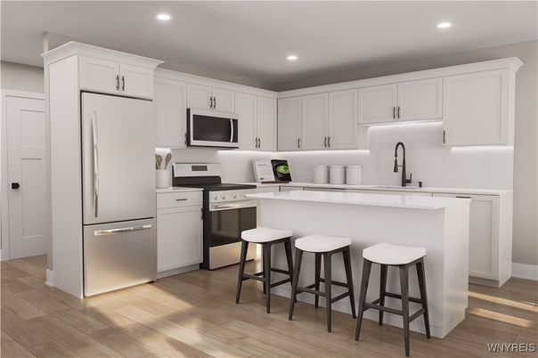 Interior, Kitchen, Recessed Lighting, Stainless Steel Appliances, Wood Texture Flooring