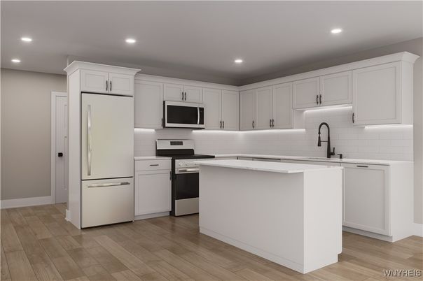 Interior, Kitchen, Recessed Lighting, Stainless Steel Appliances, Wood Texture Flooring