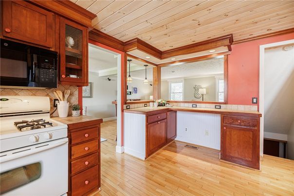 Interior, Kitchen, Pendant Lights, Recessed Lighting, Wooden Ceilings, Wood Texture Flooring