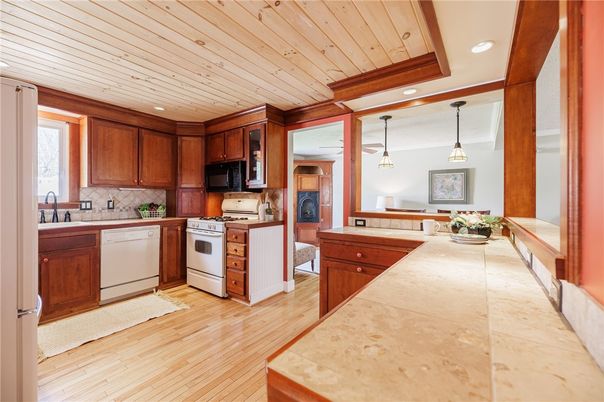 Interior, Kitchen, Pendant Lights, Recessed Lighting, Stainless Steel Appliances, Wooden Ceilings, Wood Texture Flooring