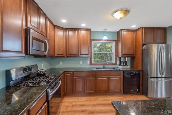 Interior, Kitchen, Pendant Lights, Recessed Lighting, Stainless Steel Appliances, Wood Texture Flooring