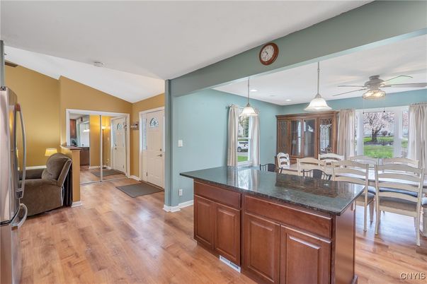 Dining room, Interior, Pendant Lights, Recessed Lighting, Wood Texture Flooring