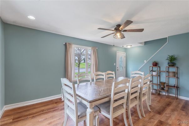 Dining room, Interior, Recessed Lighting, Wood Texture Flooring