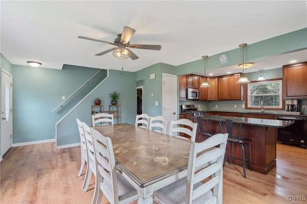 Dining room, Interior, Kitchen, Pendant Lights, Recessed Lighting, Wood Texture Flooring