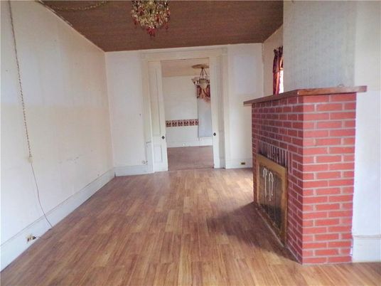 Empty room, Fireplace, Interior, Stone Walls, Wood Texture Flooring