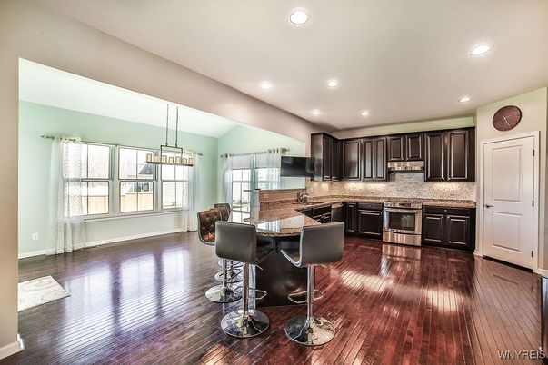 Interior, Kitchen, Pendant Lights, Recessed Lighting, Wood Texture Flooring