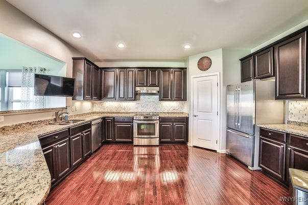 Interior, Kitchen, Recessed Lighting, Stainless Steel Appliances, Wood Texture Flooring
