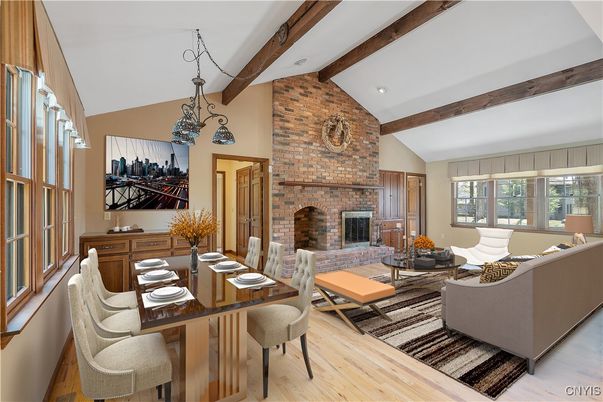 Dining room, Fireplace, Interior, Living room, Recessed Lighting, Stone Walls, Wooden Beams, Wood Texture Flooring