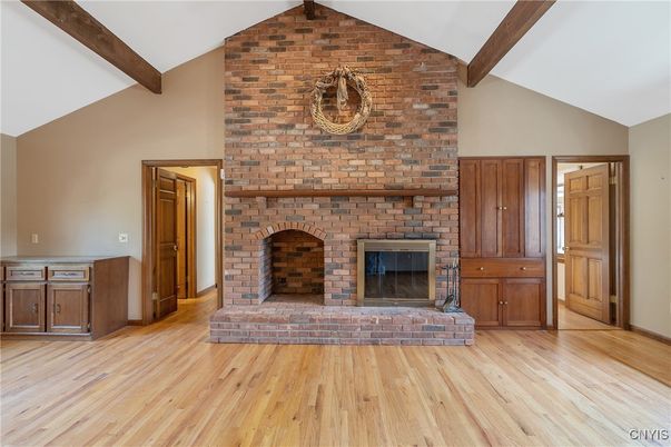 Fireplace, Interior, Stone Walls, Wooden Beams, Wood Texture Flooring