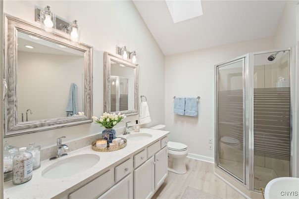 Bathroom, Dual Sink Vanities, Glass Shower, Interior, Wood Texture Flooring