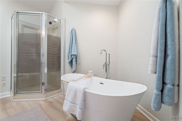 Bathroom, Free Standing Baths, Glass Shower, Interior, Wood Texture Flooring