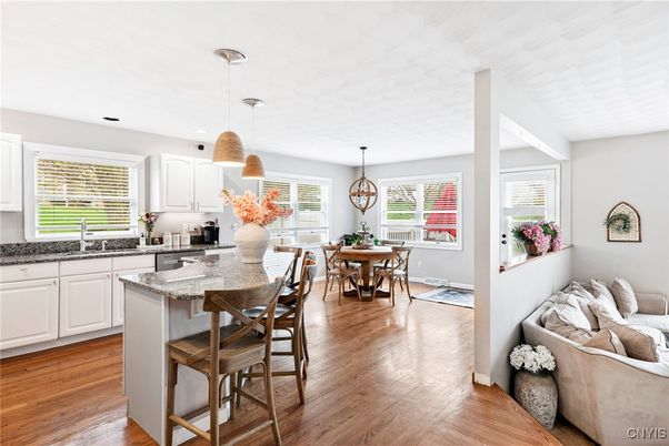 Dining room, Interior, Kitchen, Pendant Lights, Wood Texture Flooring