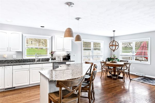 Dining room, Interior, Kitchen, Pendant Lights, Recessed Lighting, Wood Texture Flooring