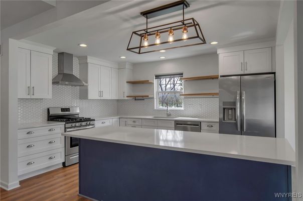 Interior, Kitchen, Pendant Lights, Recessed Lighting, Stainless Steel Appliances, Wood Texture Flooring