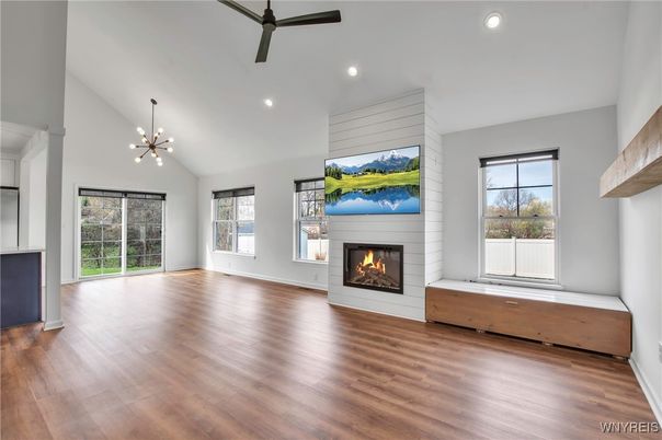 Empty room, Fireplace, Interior, Pendant Lights, Recessed Lighting, Wood Texture Flooring