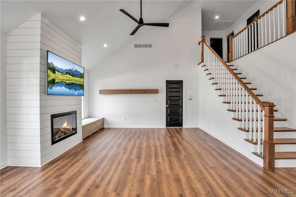 Fireplace, Interior, Recessed Lighting, Wood Texture Flooring