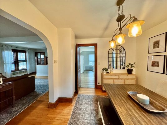 Dining room, Interior, Pendant Lights, Wood Texture Flooring