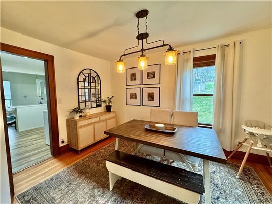 Dining room, Interior, Pendant Lights, Wood Texture Flooring