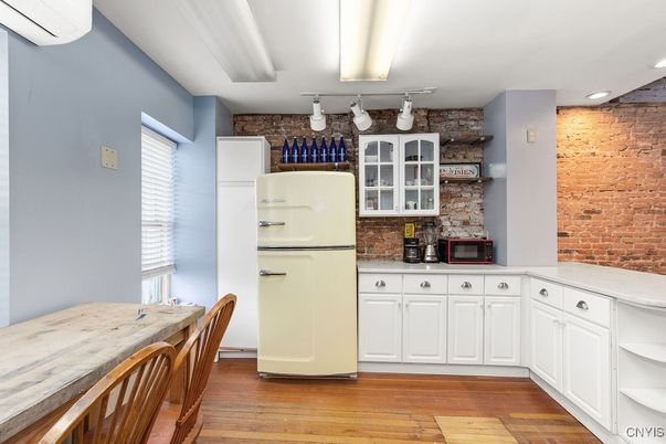 Interior, Kitchen, Recessed Lighting, Stone Walls, Wood Texture Flooring
