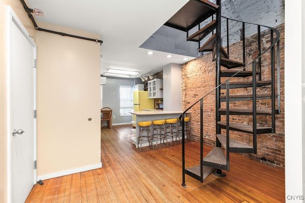 Interior, Kitchen, Recessed Lighting, Stone Walls, Wood Texture Flooring