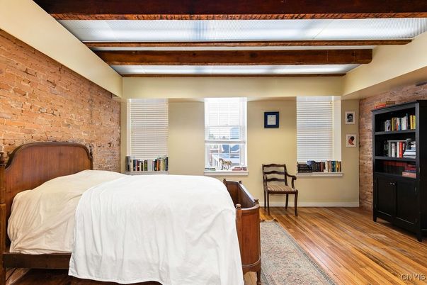 Bedroom, Interior, Stone Walls, Wooden Beams, Wood Texture Flooring