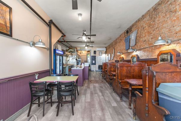 Dining room, Interior, Pendant Lights, Stone Walls, Wood Texture Flooring