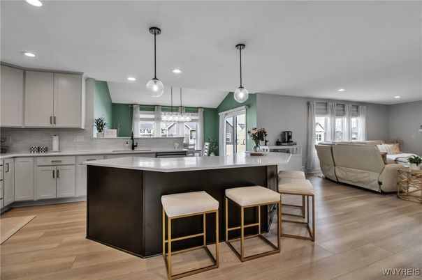 Interior, Kitchen, Living room, Pendant Lights, Recessed Lighting, Wood Texture Flooring