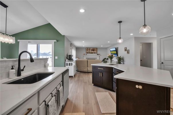 Interior, Kitchen, Living room, Pendant Lights, Recessed Lighting, Wood Texture Flooring