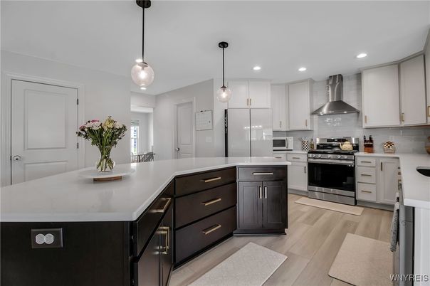 Interior, Kitchen, Pendant Lights, Recessed Lighting, Stainless Steel Appliances, Wood Texture Flooring