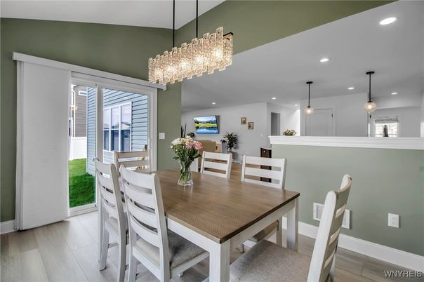 Chandelier, Dining room, Interior, Pendant Lights, Recessed Lighting, Wood Texture Flooring