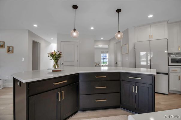 Interior, Kitchen, Pendant Lights, Recessed Lighting, Wood Texture Flooring