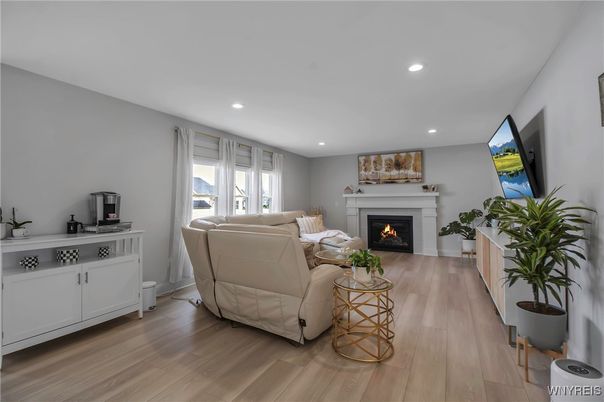 Fireplace, Interior, Living room, Recessed Lighting, Wood Texture Flooring
