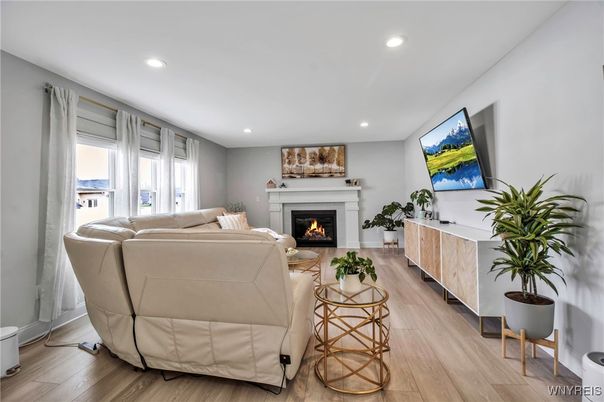 Fireplace, Interior, Living room, Recessed Lighting, Wood Texture Flooring
