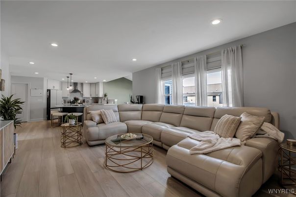 Dining room, Interior, Kitchen, Living room, Pendant Lights, Recessed Lighting, Stainless Steel Appliances, Wood Texture Flooring
