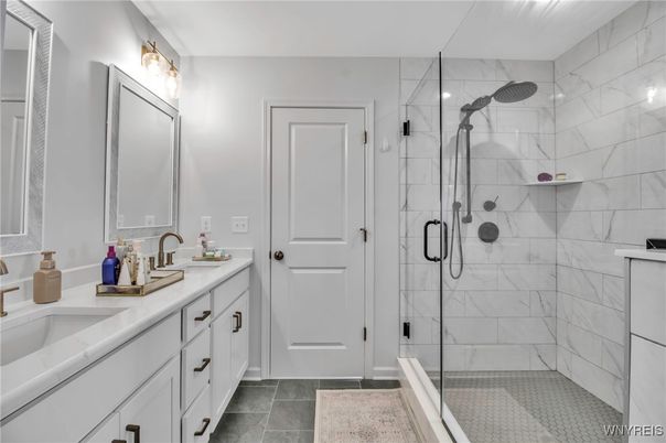 Bathroom, Dual Sink Vanities, Glass Shower, Interior, Marble Walls