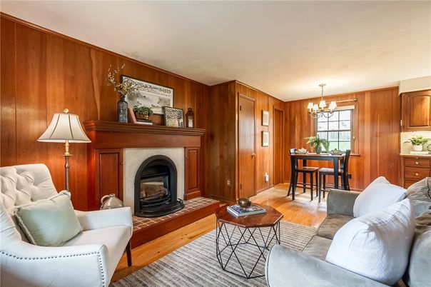 Chandelier, Dining room, Fireplace, Interior, Living room, Wood Texture Flooring, Wooden Walls