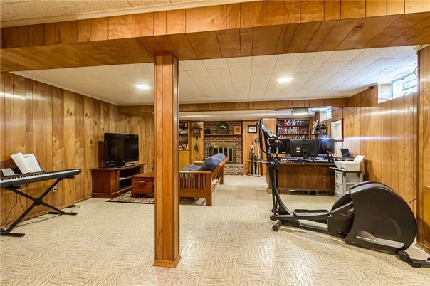Fitness Equipment, Home Office, Interior, Recessed Lighting, Stone Walls, Wooden Ceilings, Wooden Walls
