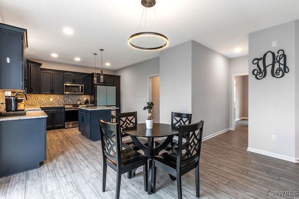 Dining room, Interior, Kitchen, Pendant Lights, Recessed Lighting, Wood Texture Flooring