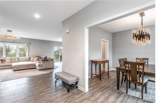 Chandelier, Dining room, Interior, Living room, Recessed Lighting, Wood Texture Flooring