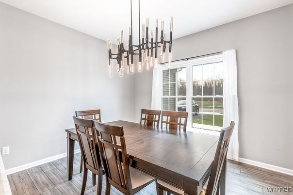 Dining room, Interior, Pendant Lights, Wood Texture Flooring