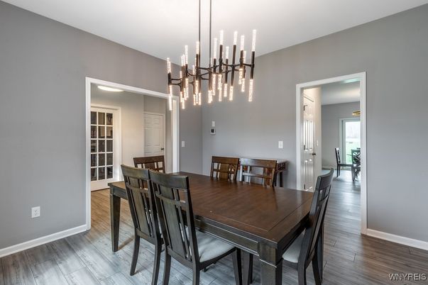 Dining room, Interior, Pendant Lights, Wood Texture Flooring