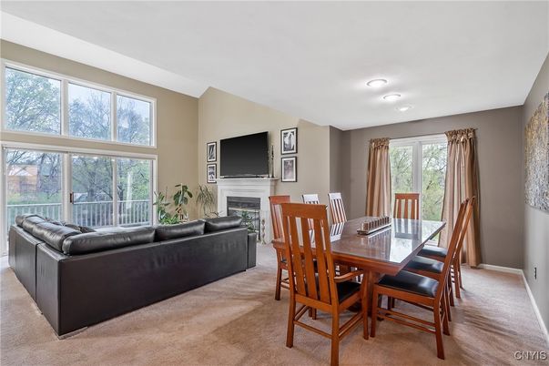 Dining room, Fireplace, Interior, Living room, Recessed Lighting